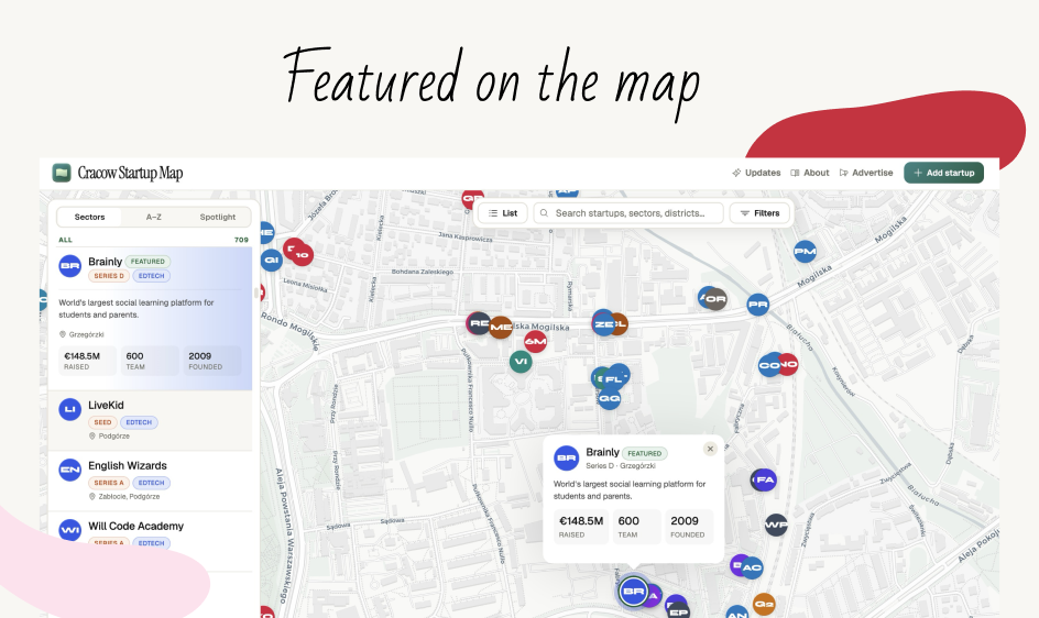 Featured on the map: Brainly with Featured badge in the list and on the map popup