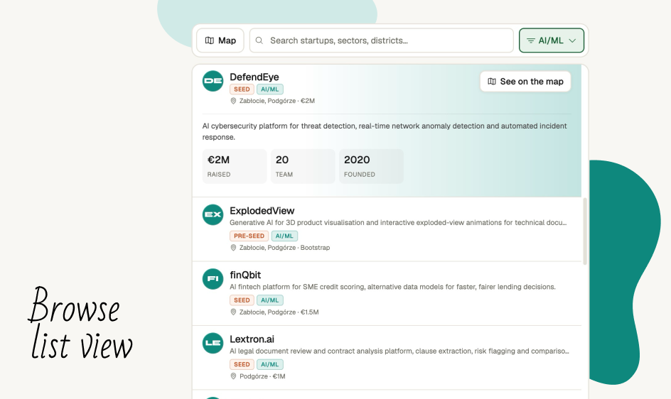 Browse list view with a centred startup directory card and sector sections