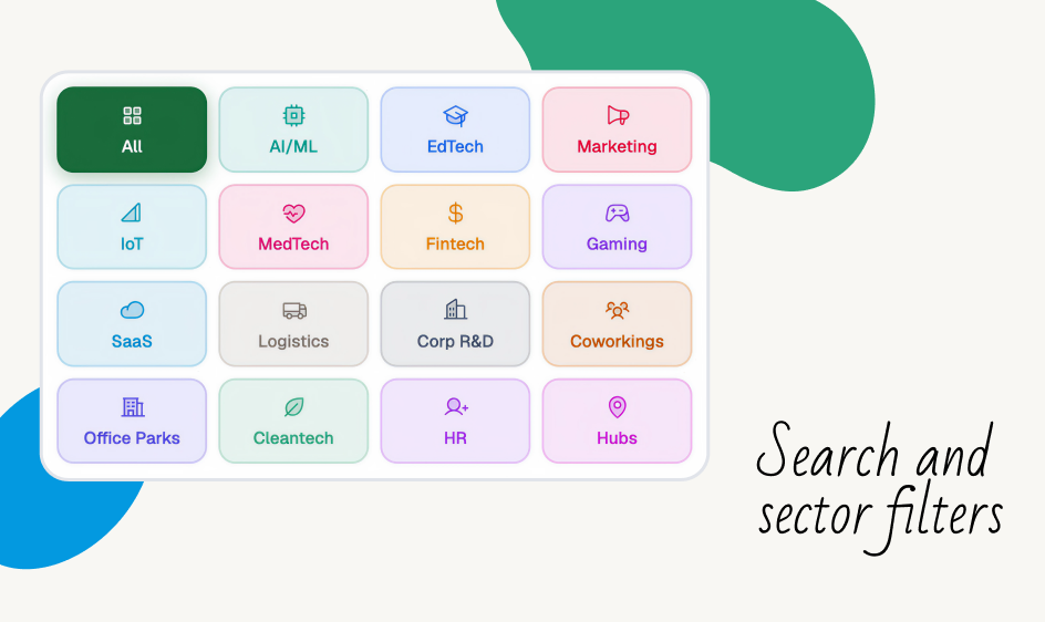 Search and sector filters with a live search input and sector filter grid