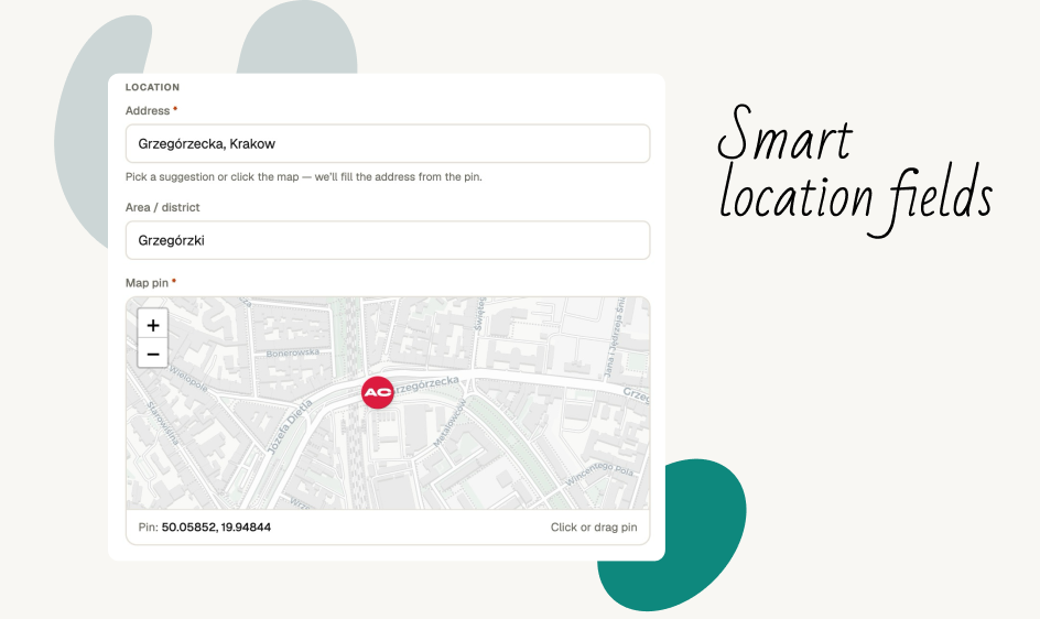 Add startup form with address autocomplete, district suggestions, and a live sector-coloured map pin
