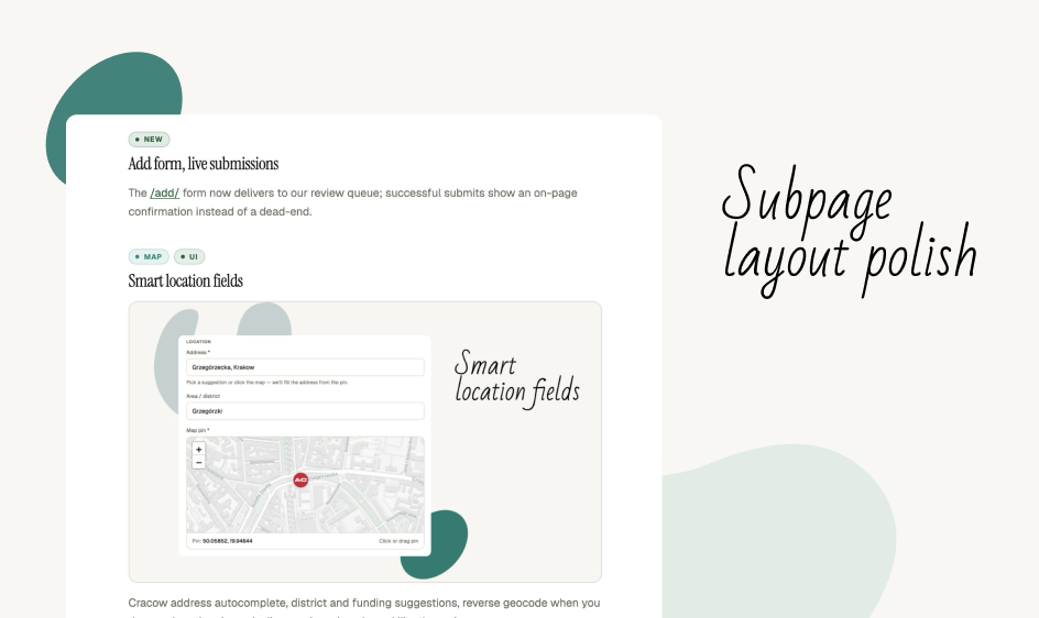 Flat subpage layout with add form, live submission confirmation, and smart location fields with a map pin